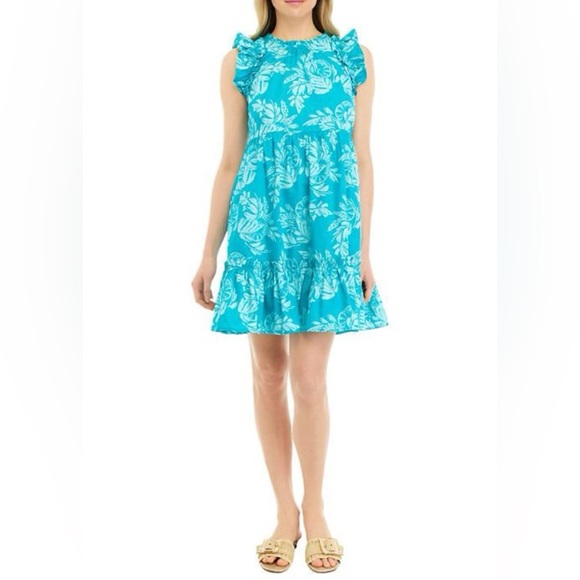 Crown & Ivy Turquoise Palm Print Dress Size Small Ruffle Sleeveless Summer - Picture 2 of 3